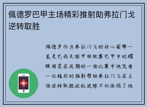佩德罗巴甲主场精彩推射助弗拉门戈逆转取胜 佩德罗巴甲主场精彩推射助弗拉门戈逆转取胜