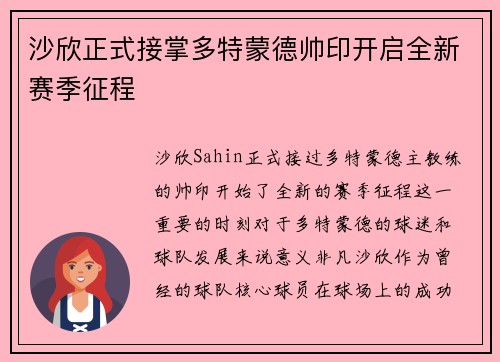 沙欣正式接掌多特蒙德帅印开启全新赛季征程